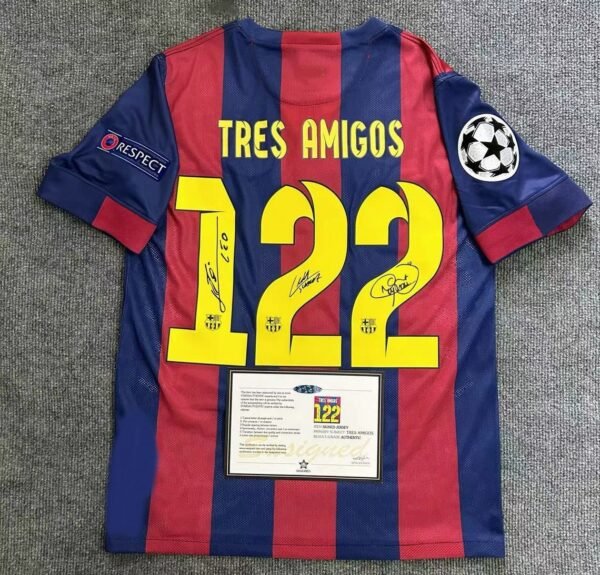 Tres AMIGOS Messi, Neymar Jr & Suarez (msn) SIGNED Barcelona 14/15 Signature Shirt/Jersey + COA Retro