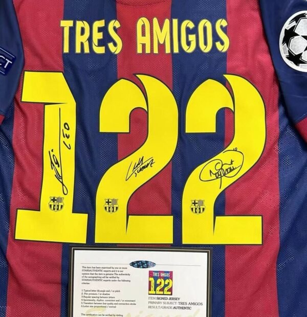 Tres AMIGOS Messi, Neymar Jr & Suarez (msn) SIGNED Barcelona 14/15 Signature Shirt/Jersey + COA Retro - Image 2