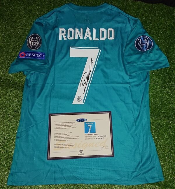 Cristiano Ronaldo SIGNED Real Madrid Blue Third UCL 2017 Signature Shirt/Jersey + COA 17/18 Retro